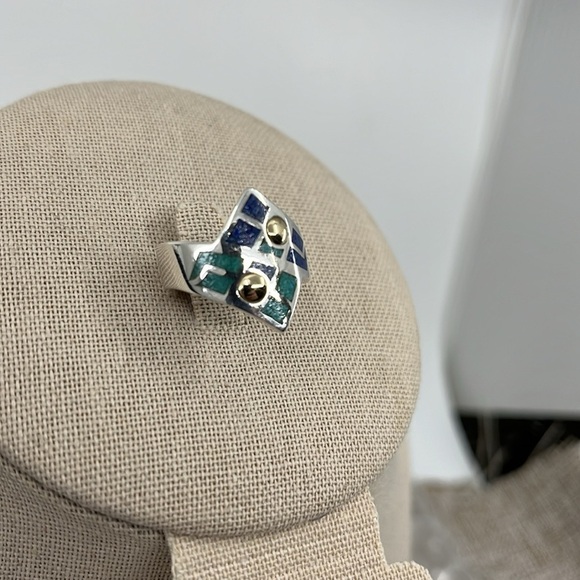 💍 Vintage CCO Coleman Turquoise Lapis Ring - Silver, 14K, Size 7 - Picture 5 of 15